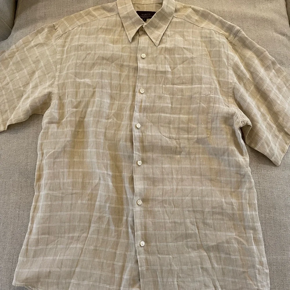 Neiman Marcus Collection Made in Italy Check Print Short Sleeve Linen Shirt L - Picture 2 of 5